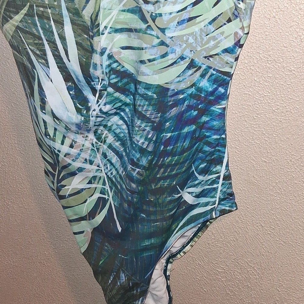 Tahari Plunge Mesh One Piece Swimsuit Camo Palm Padded Bra L - Picture 5 of 8